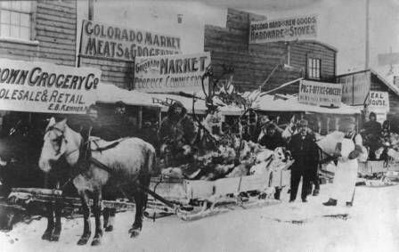 Nine thousand pounds of moose and caribou killed by the Bartholf brothers being delivered in Dawson, Yukon Territory, Canada, February 10, 1900.