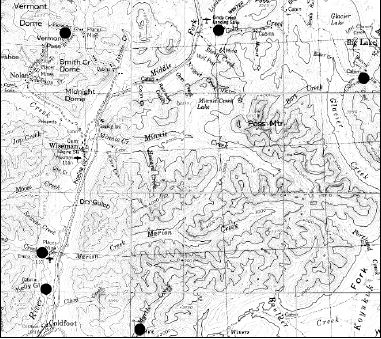 map of creeks mined near Wiseman 1911-1948
