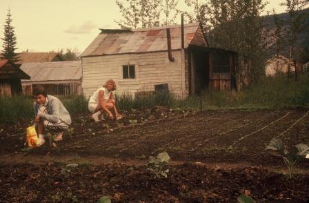 Glenna and Ina Franklin helping to keep up the garden at the 60-mile camp.