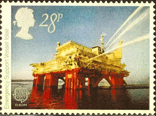 UK stamp featuring Intelligiant on off-shore oil rig in North Sea