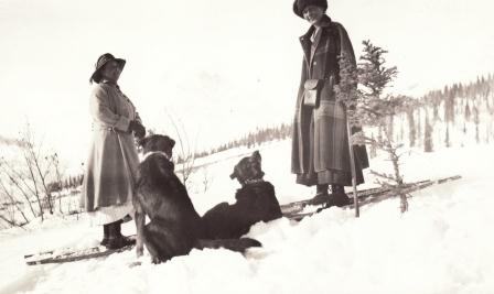 Augusta Radovan at Dan Creek, snowshoeing with the wife of another miner.