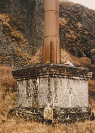 The sulfur reduction pilot plant built by Thomas Reed in 1899 on Akutan Island, Aleutian Islands, Alaska.  Photo taken by Roger Mercer in 1983.